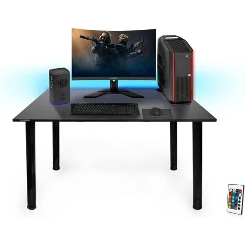 Zoom sur Bureau gaming SyberDesk noir, lumières LED, organisateurs