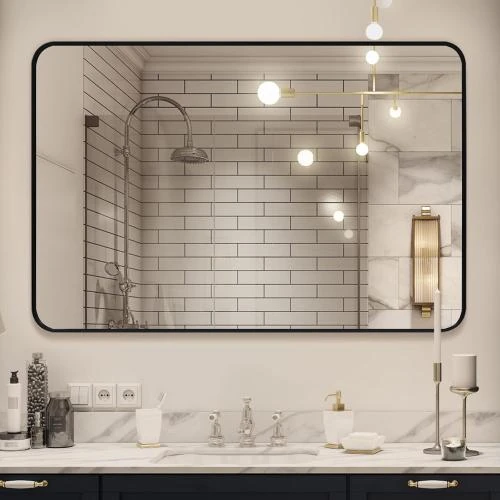 Miroir mural DABLUE, cadre noir, salle de bain, suspendre - Vue principale