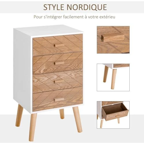 Zoom sur HOMCOM Table de Chevet Scandinave, Commode Bois, 4 Tiroirs