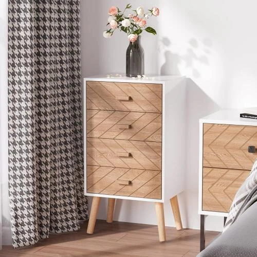 Détail de HOMCOM Table de Chevet Scandinave, Commode Bois, 4 Tiroirs