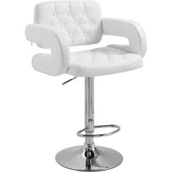 Tabouret de bar haut, dossier, accoudoirs, simili cuir blanc