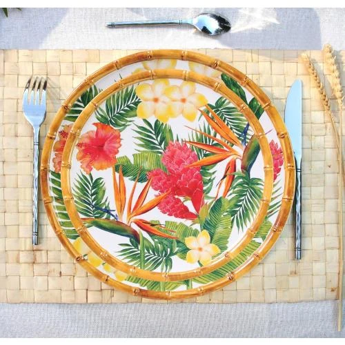 Zoom sur Assiette Plate Fleurs Jaunes Vertes Roses, Les Jardins de la Comtesse