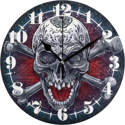 Horloge murale silencieuse, motif tête de mort mexicaine - Vue principale