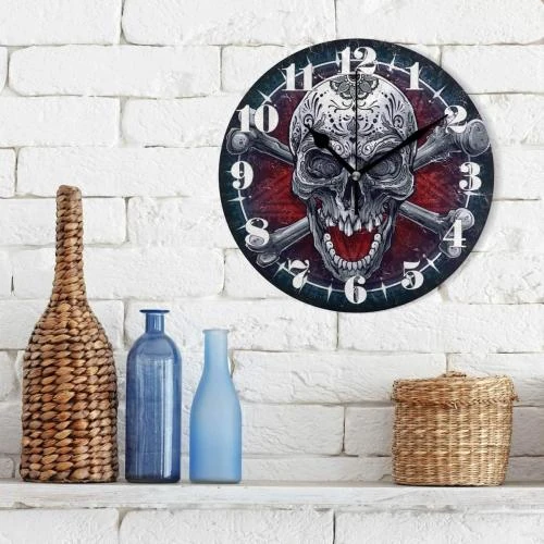 Zoom sur Horloge murale silencieuse, motif tête de mort mexicaine