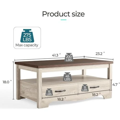 Zoom sur Table basse rustique bois, rangement tiroirs, style chic