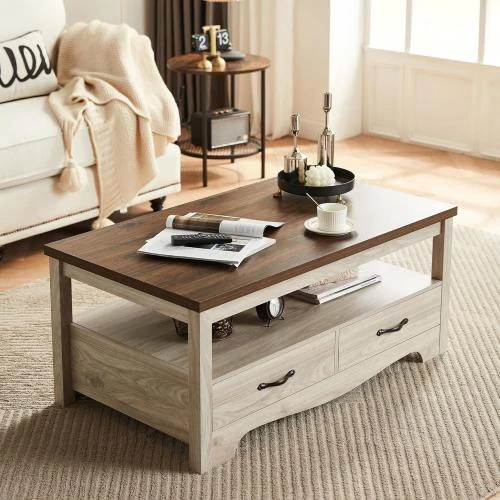 Détail de Table basse rustique bois, rangement tiroirs, style chic