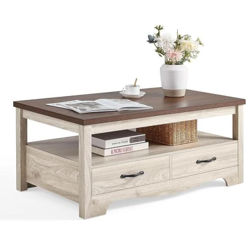 Table basse rustique bois, rangement tiroirs, style chic - Vue principale