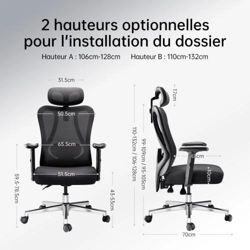 Détail de Chaise Bureau Ergonomique Noir, Support Lombaire, Repose Pied