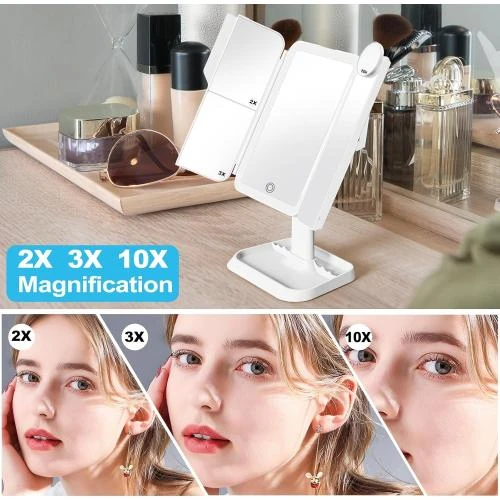 Détail de Miroir maquillage rechargeable, trois volets, LED éclairage