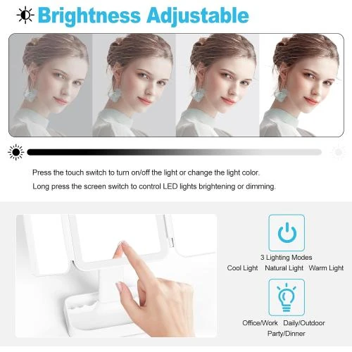 Zoom sur Miroir maquillage rechargeable, trois volets, LED éclairage