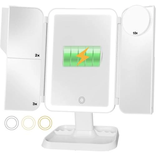 Miroir maquillage rechargeable, trois volets, LED éclairage - Vue principale