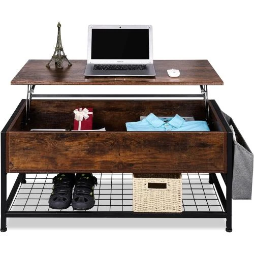 Table basse relevable marron rustique, rangement intégré, salon - Vue principale