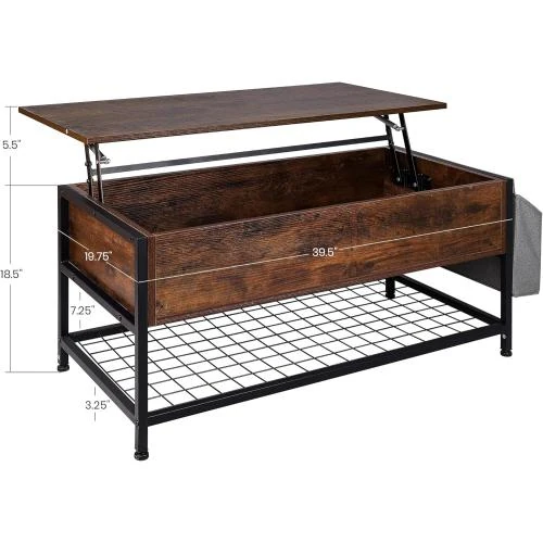 Zoom sur Table basse relevable marron rustique, rangement intégré, salon