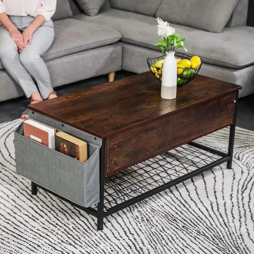 Détail de Table basse relevable marron rustique, rangement intégré, salon