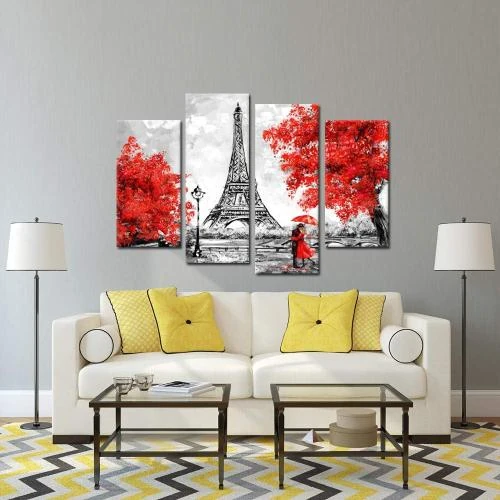 Détail de Toile murale 4 panneaux Noir Blanc Rouge Parapluie Eiffel