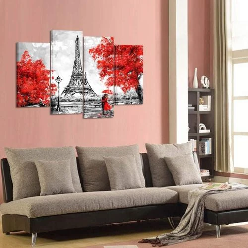Zoom sur Toile murale 4 panneaux Noir Blanc Rouge Parapluie Eiffel
