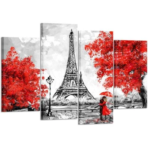 Toile murale 4 panneaux Noir Blanc Rouge Parapluie Eiffel - Vue principale