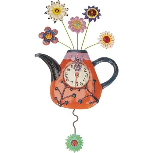 Horloge Théière Rouge, Fleurs, Résine, Allen Designs - Vue principale