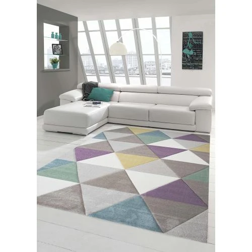 Tapis Contemporain Diamant Turquoise Violet Moutarde Teppich-Traum - Vue principale