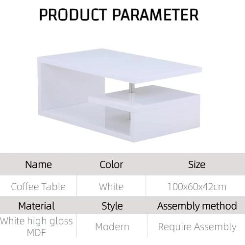 Détail de Table Basse Moderne Blanc Haute Brillance Rectangulaire