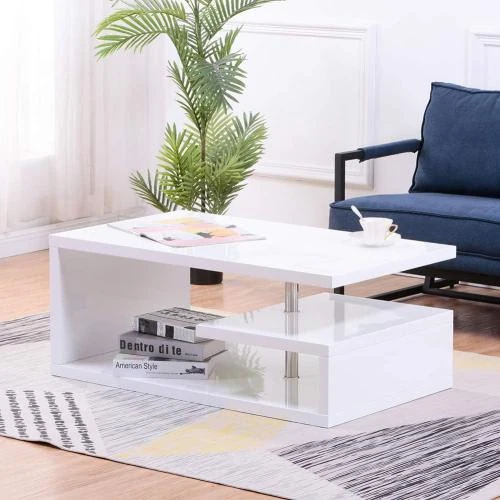 Table Basse Moderne Blanc Haute Brillance Rectangulaire - Vue principale