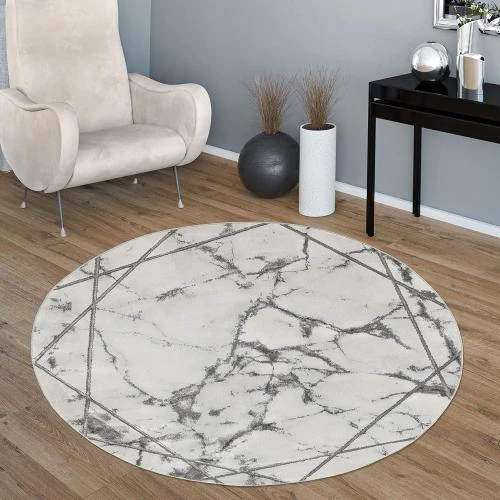 Zoom sur Tapis Salon Gris Argent Marbre Design 3D Poil Ras