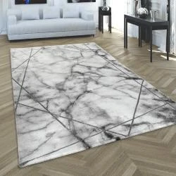 Tapis Salon Gris Argent Marbre Design 3D Poil Ras