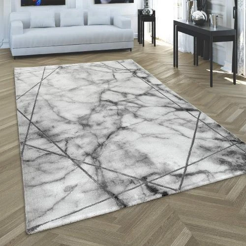 Tapis Salon Gris Argent Marbre Design 3D Poil Ras - Vue principale