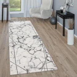 Tapis Salon Gris Argent Marbre Design 3D Poil Ras en situation