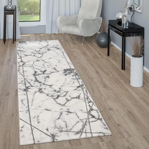 Détail de Tapis Salon Gris Argent Marbre Design 3D Poil Ras