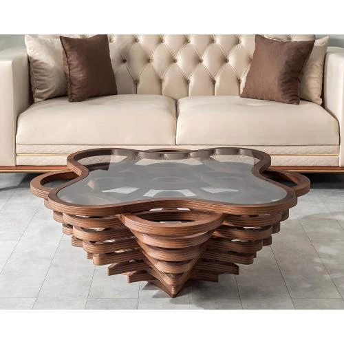 Zoom sur Tables basses Veener Papella, noyer naturel, verre