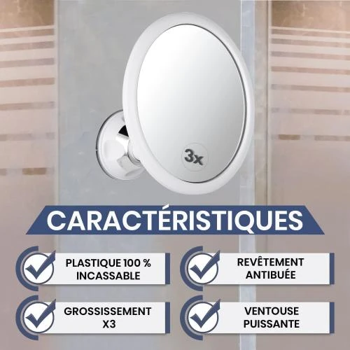 Détail de Miroir Douche Rond Grossissant 3X Mirrorvana, Incassable