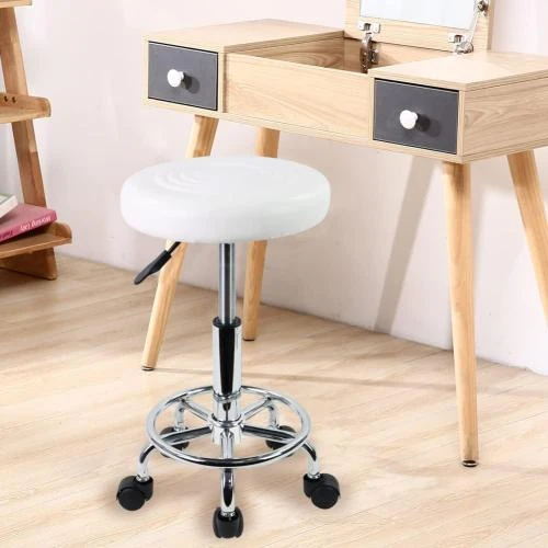 Détail de KKTONER Tabouret roulettes bureau, bar, cuir synthétique blanc