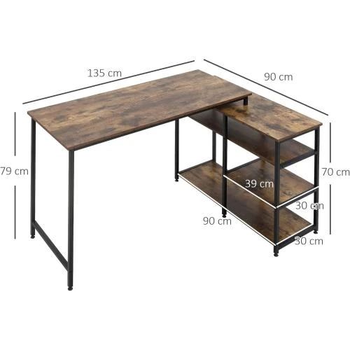 Zoom sur Bureau Informatique Design Industriel, Angle, 3 Étagères, Vieux Bois, Métal Noir