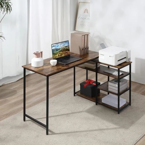 Détail de Bureau Informatique Design Industriel, Angle, 3 Étagères, Vieux Bois, Métal Noir