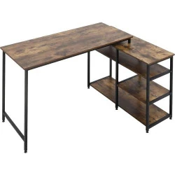 Bureau Informatique Design Industriel, Angle, 3 Étagères, Vieux Bois, Métal Noir