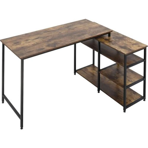 Bureau Informatique Design Industriel, Angle, 3 Étagères, Vieux Bois, Métal Noir - Vue principale