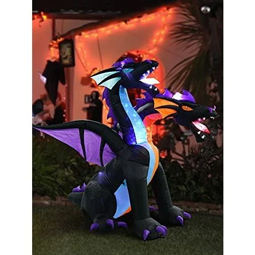 Zoom sur Dragon Gonflable Halloween, 2 Têtes, Lumières Intégrées, Décoration Jardin