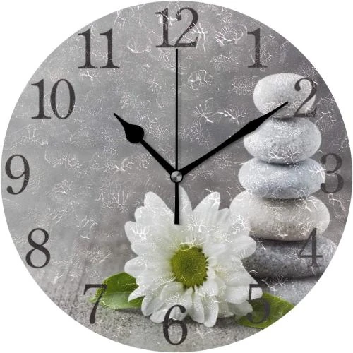 Horloge Murale Ronde Silencieuse, Pierre Zen, Fleur Décor - Vue principale