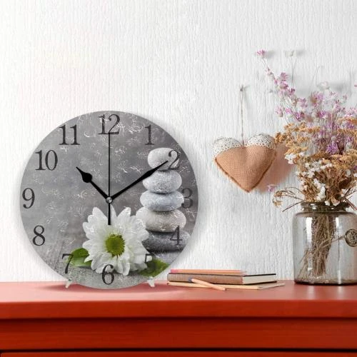 Détail de Horloge Murale Ronde Silencieuse, Pierre Zen, Fleur Décor
