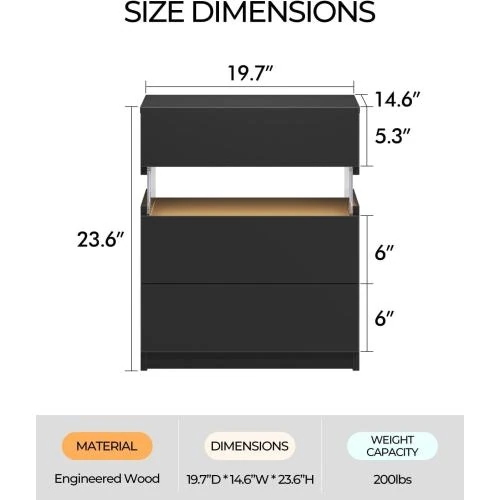 Détail de Tables de chevet modernes LED, 2 unités, 3 tiroirs