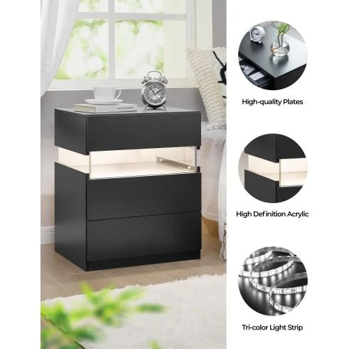 Zoom sur Tables de chevet modernes LED, 2 unités, 3 tiroirs