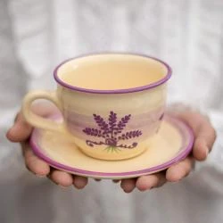 Tasse sous tasse café thé beige motif lavande céramique