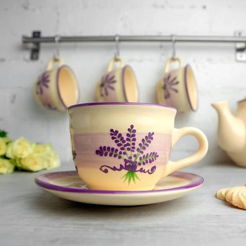 Détail de Tasse sous tasse café thé beige motif lavande céramique