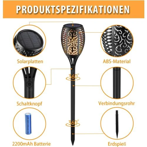 Détail de Lampes solaires jardin Boadw, étanches IP65, 96 LED, flamme