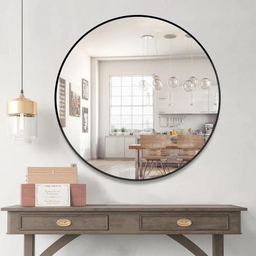 Zoom sur Miroir rond noir, salle de bain, entrée, coiffeuse