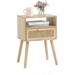 Table de chevet moderne MaxSmeo, rotin, rangement, noyer naturel
