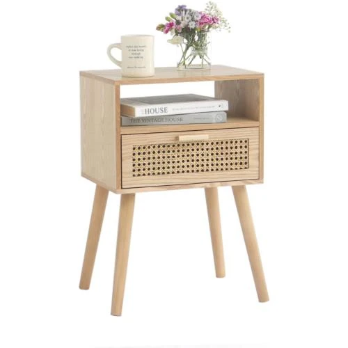 Table de chevet moderne MaxSmeo, rotin, rangement, noyer naturel - Vue principale