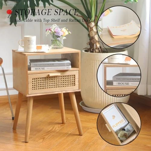 Zoom sur Table de chevet moderne MaxSmeo, rotin, rangement, noyer naturel