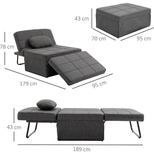 Zoom sur Fauteuil chauffeuse 3 en 1 inclinable, pouf, noir, gris